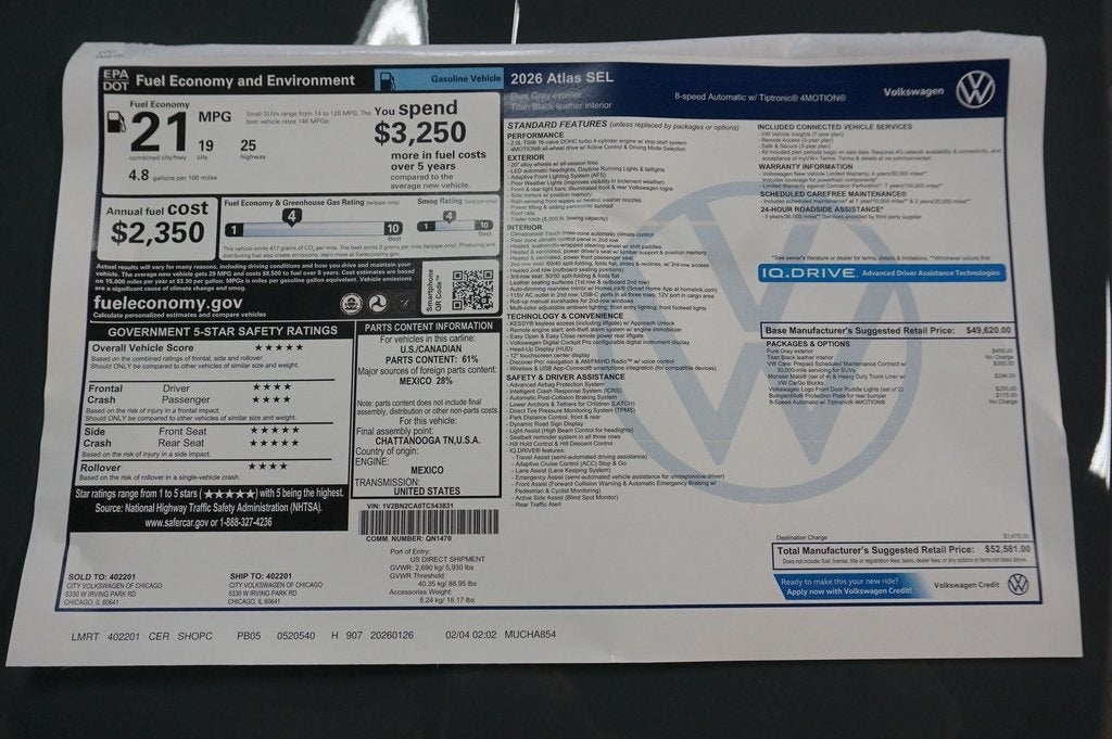 2026 Volkswagen Atlas 2.0T SEL