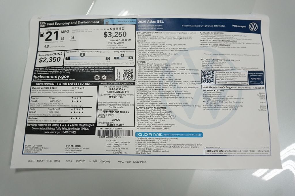 2026 Volkswagen Atlas 2.0T SEL