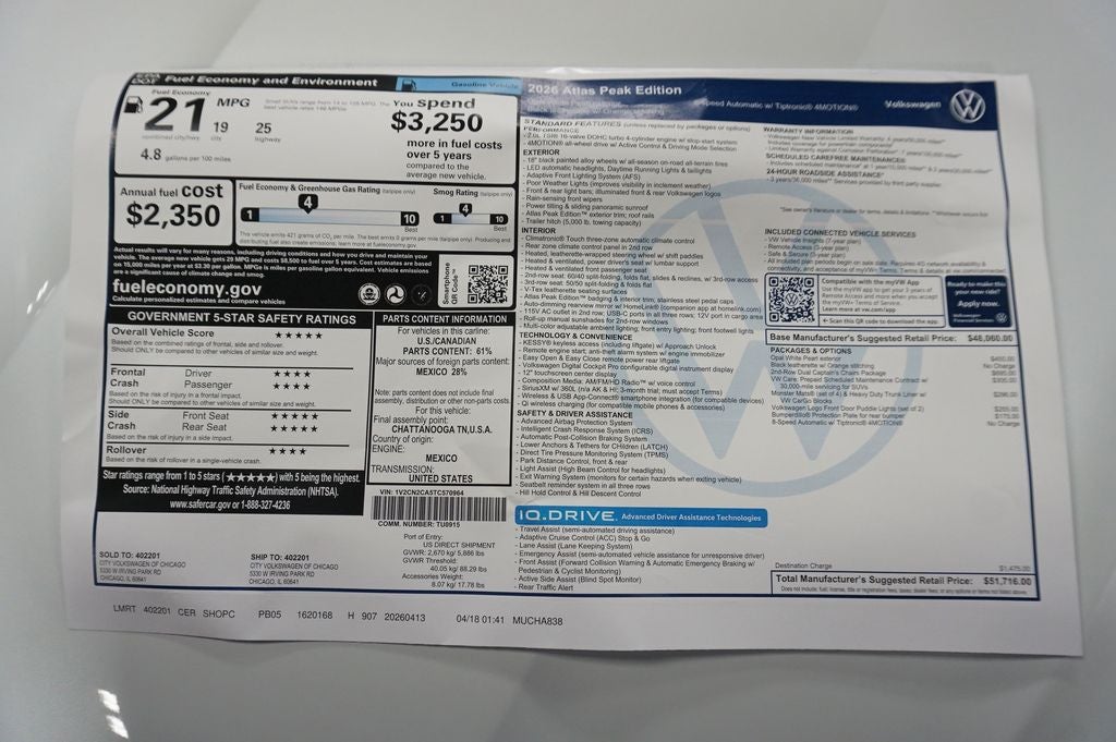 2026 Volkswagen Atlas 2.0T Peak Edition