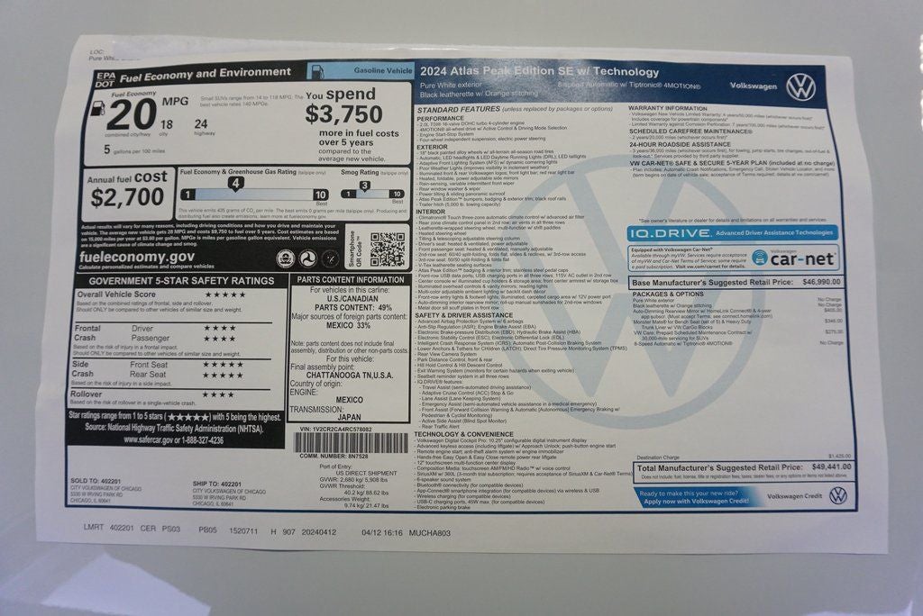 2024 Volkswagen Atlas 2.0T Peak Edition SE w/Technology