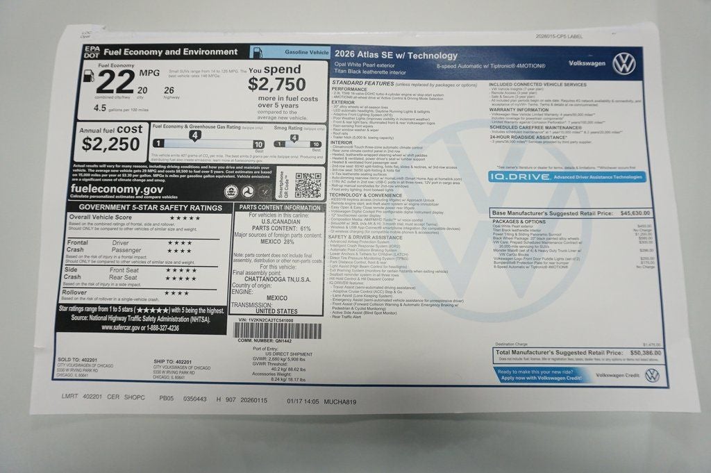 2026 Volkswagen Atlas 2.0T SE w/Technology