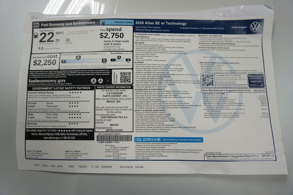 2026 Volkswagen Atlas 2.0T SE w/Technology