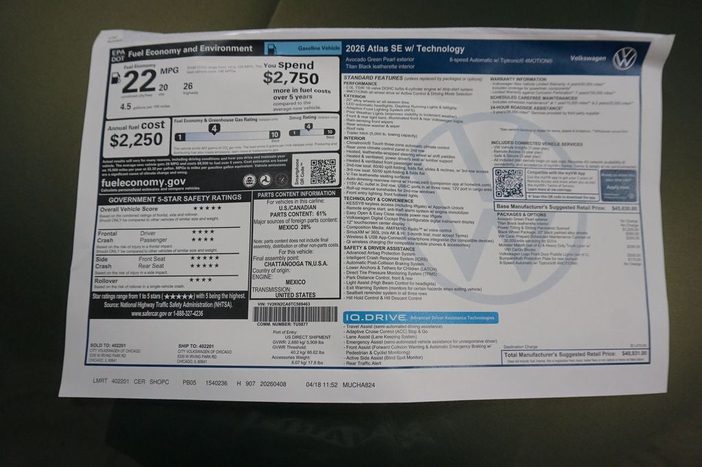 2026 Volkswagen Atlas 2.0T SE w/Technology