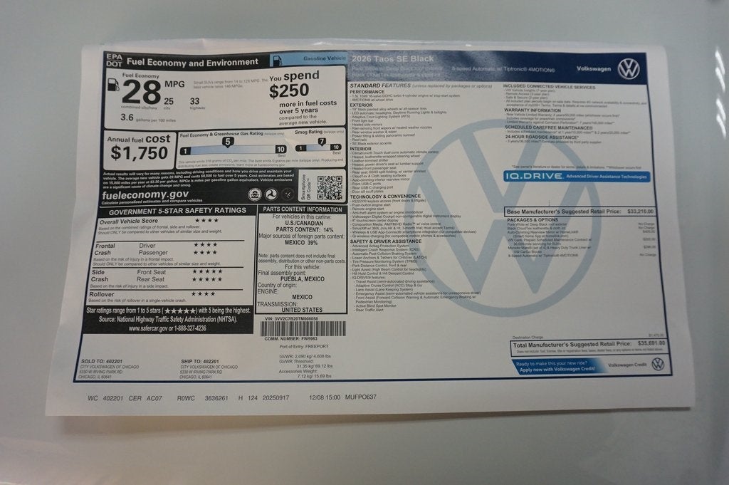 2026 Volkswagen Taos 1.5T SE Black