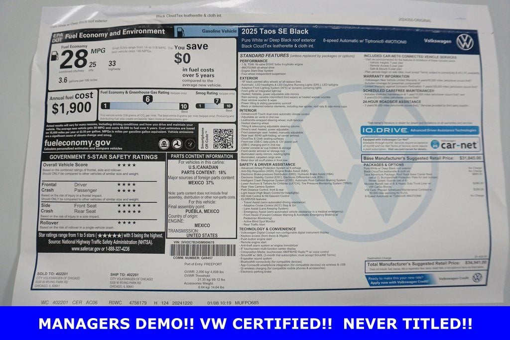 2025 Volkswagen Taos 1.5T SE Black